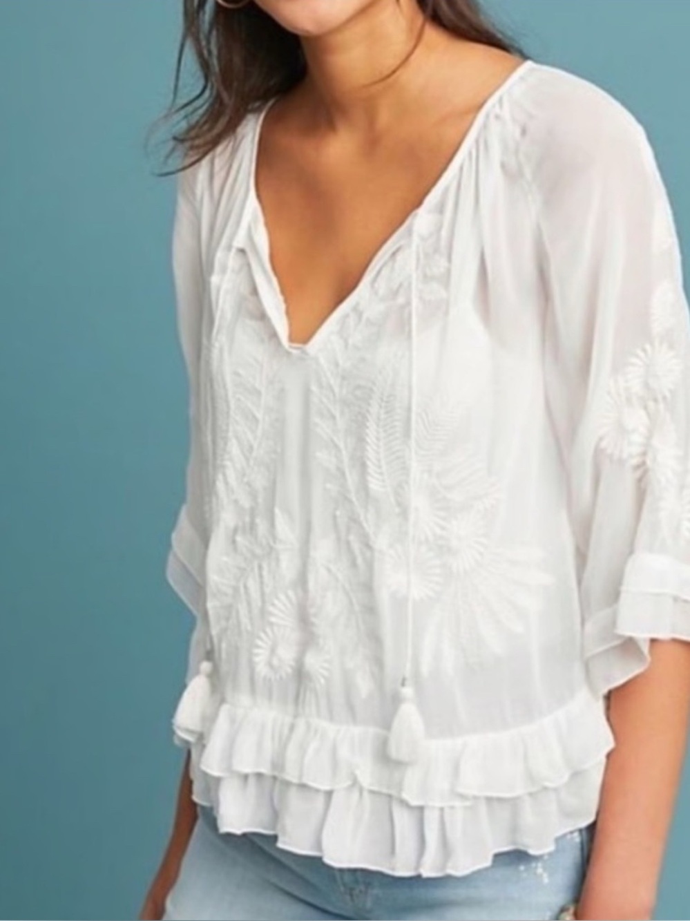 Anthropologie White Embroidered Ruffle Peasant Blouse